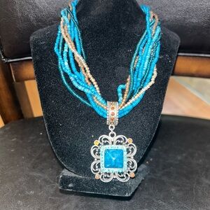 Blue and Silver Beaded Necklace with Pendant  South Western Style 18”
